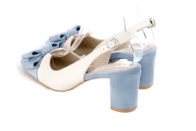 Sky blue and off white women's open back shoes, with a knot. Round toe. Medium block heels. Rear view - Florence KOOIJMAN